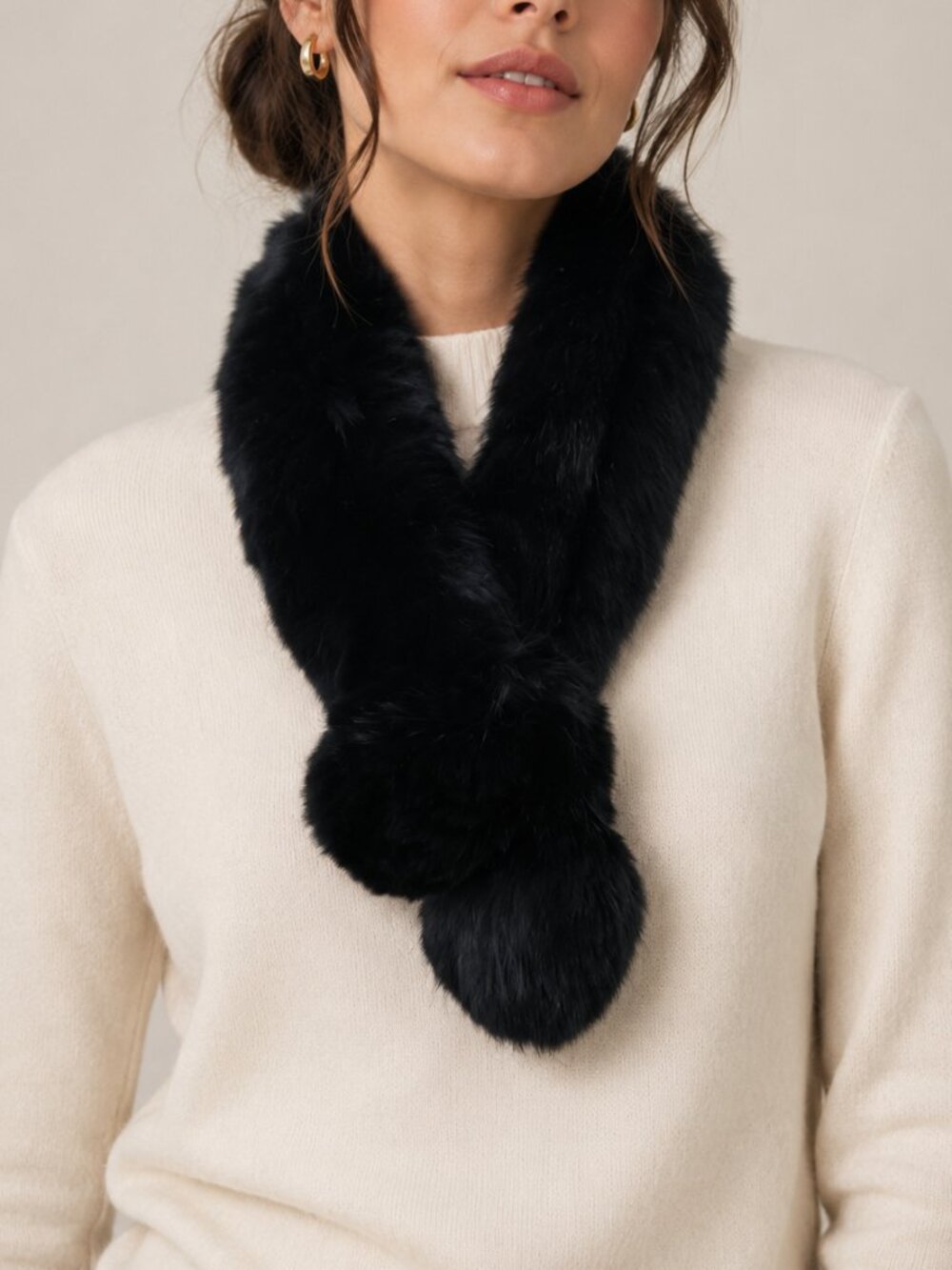 Belle Fare Nottingham Neck Warmer 100%‎ Rex Rabbit Fur Neck Tie Black One Size